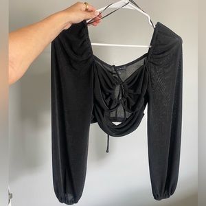 Black long sleeve tie detailing crop top